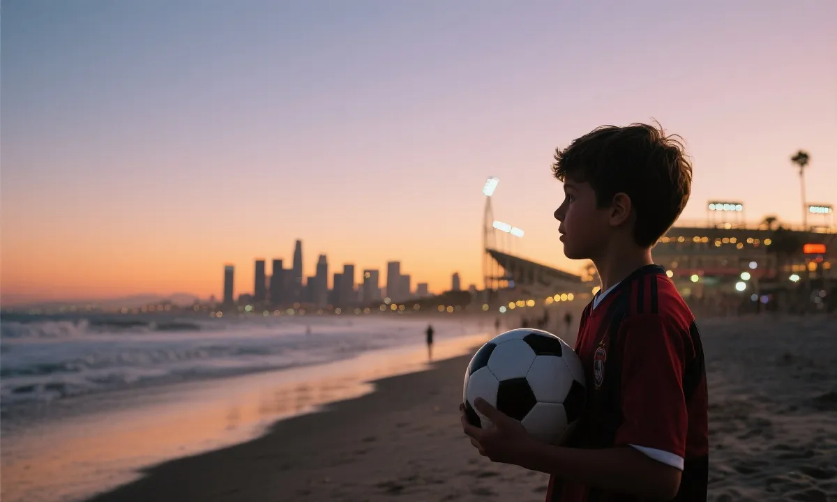 洛杉矶海滩与世界杯球迷氛围结合的日落景象