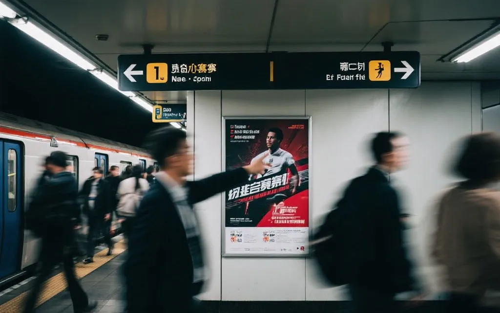 地铁通道内赛事海报与指示牌同框，人物侧身指向箭头的高级感打卡构图