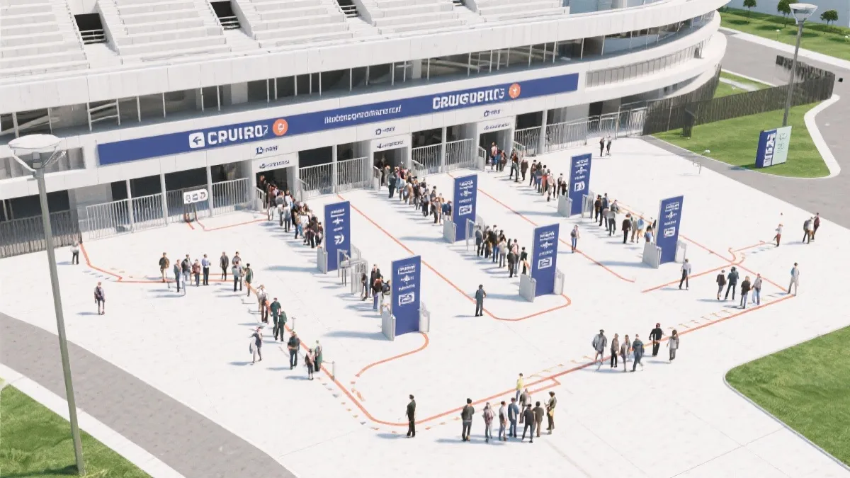 世界杯比赛日人群流线与安检通道的示意图