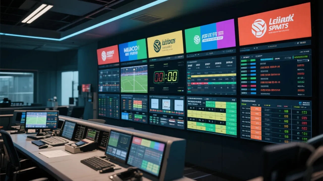 体育转播控制室与广告排期屏幕，象征转播权与全球广告投放策略